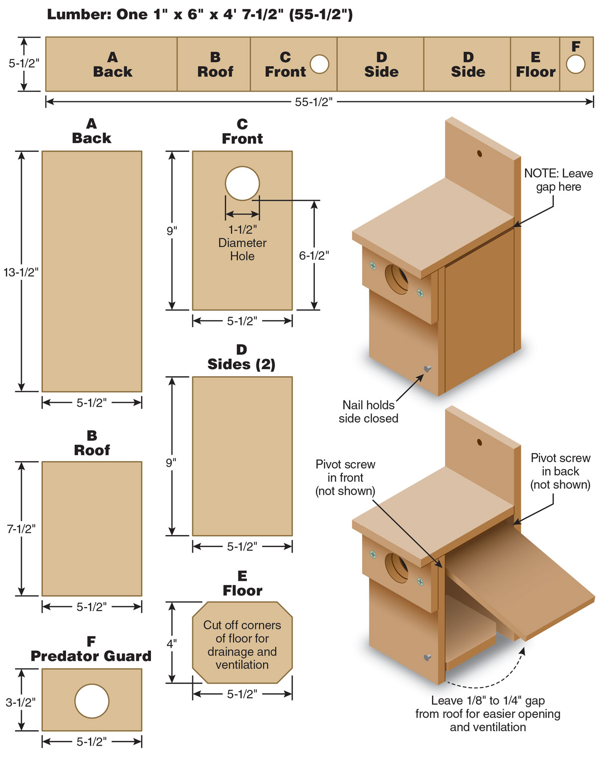 Illustrated plans for building bluebird type nest box.